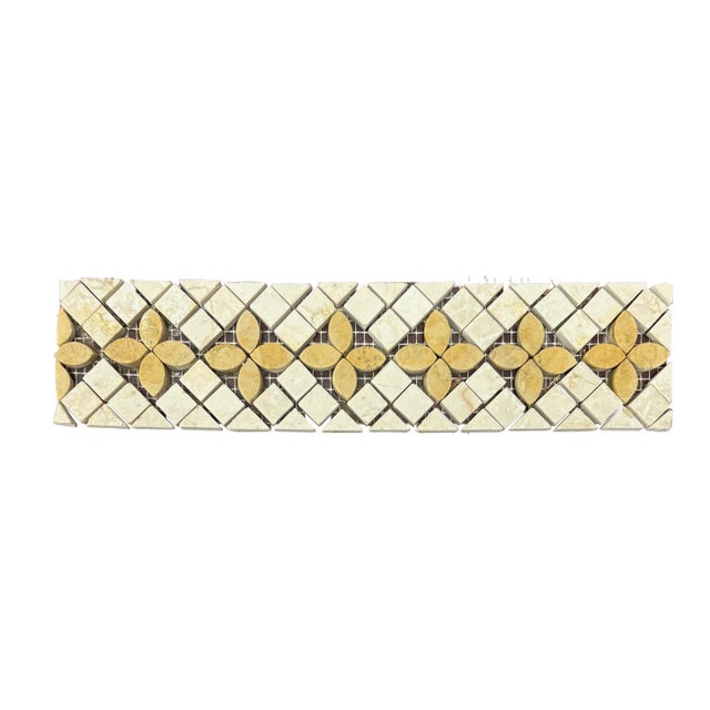 Botticino Marble Polished Trebol Mosaic Liner With Giallo Marble Details For Sale