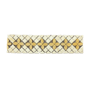 Botticino Marble Polished Trebol Mosaic Liner With Giallo Marble Details