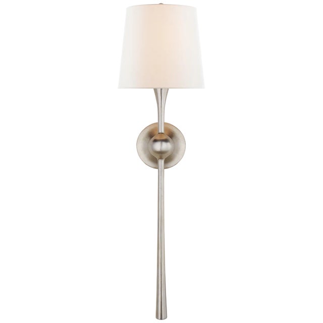 Dover Large Tail Sconce in Burnished Silver Leaf with Linen Shade Designer: AERIN Height: 27" Extension: 6.5" Backplate:...