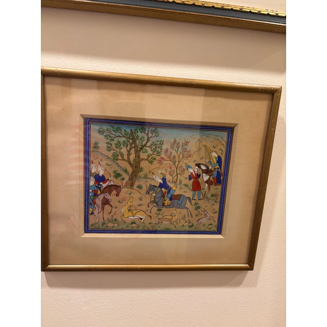 Persian 1940s Pair of Stunning Persian Miniature Paintings in Original Gold Frames For Sale - Image 3 of 8