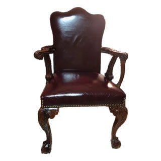 Office Genuine Leather 19th Century English Chippendale Arm Chair Carved Mahogany Ball Claw For Sale