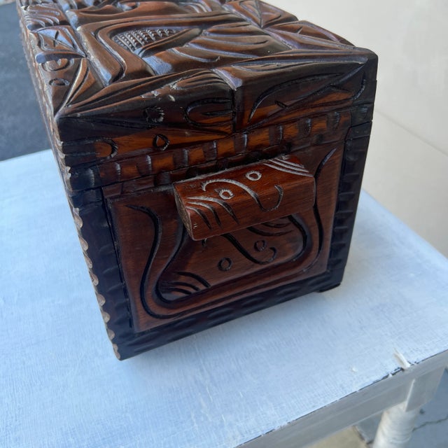 A Vintage Maya Themed Carved Mahogany Small Size Trunk, Honduras, Circa 1970's For Sale - Image 4 of 12