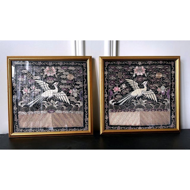 On offer is a matching pair of embroidered silk civil rank badge panels (known in Chinese as Buzi) in black lacquer...