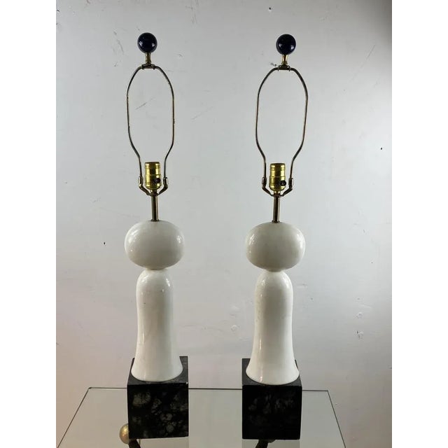 Wonderful Modernist Sculptural Marble Lamps With a White Marble Rounded Top,Curved Center And Black Marble Square...