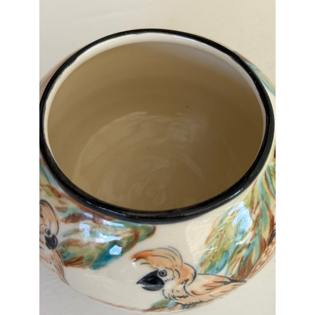 Boho Chic Vintage Hand-Painted Cockatoo Tropical Ceramic Bowl or Cachepot For Sale - Image 3 of 10