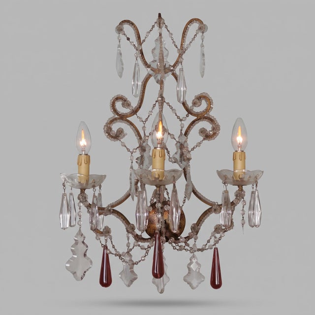 Three-Light Louis XV Style Wall Sconces in Gilt Iron with Glass Beads and Crystal Drops, 1930s, Set of 2 For Sale - Image 4 of 9