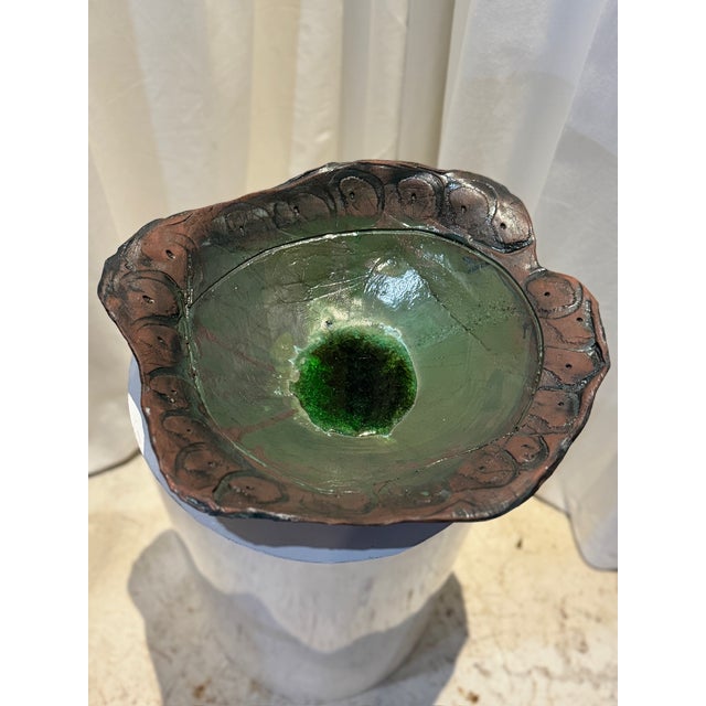 Mid 20th Century Mid 20th Century Handcrafted Ceramic Art Bowl With Green Glaze and Sculptural Organic Edge For Sale - Image 5 of 6