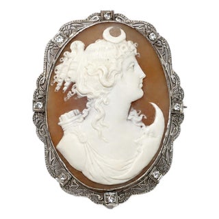 Antique Shell Cameo White Gold With Diamond Brooch Greek Goddess Artemis For Sale