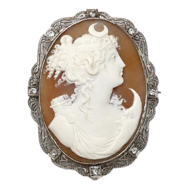 Antique Shell Cameo White Gold With Diamond Brooch Greek Goddess Artemis For Sale