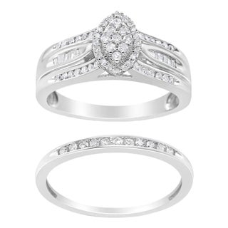 .925 Sterling Silver 1/2 Cttw Round and Baguette-Cut Diamond Engagement Bridal Set (I-J Color, I1-I2 Clarity) - Size 8 - 2 Pieces For Sale