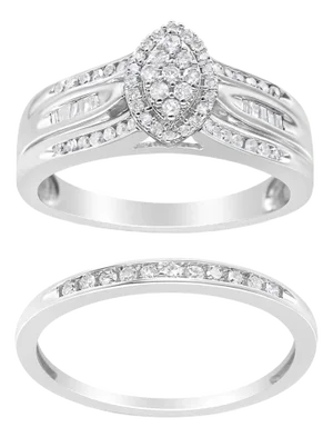 .925 Sterling Silver 1/2 Cttw Round and Baguette-Cut Diamond Engagement Bridal Set (I-J Color, I1-I2 Clarity) - Size 8 - 2 Pieces