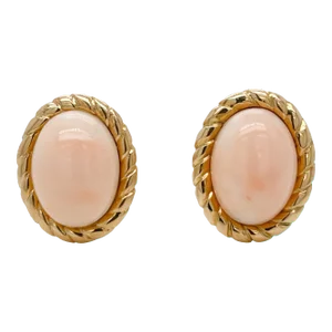 Vintage Mid-Century Italian 18k Gold & Pink Coral Cabochon Screw Back Earrings - 2 Pieces