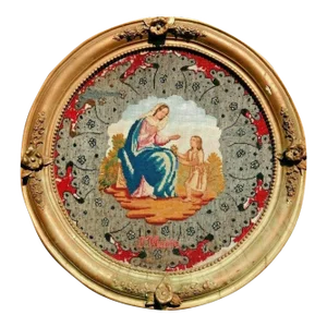 19th Century Antique French Hand Stitched Framed Needlepoint Tapestry "Ste Marie"