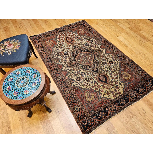 19th Century Persian Farahan Sarouk Area Rug, Hand-Knotted Wool, Floral Medallion Pattern, Ivory & Blue, 4x7 For Sale - Image 4 of 14