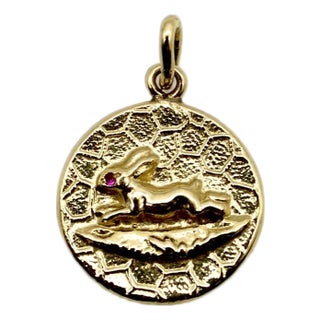 1990s 14k Gold Victorian Inspired Running Rabbit Pendant-Charm With Ruby Eye For Sale