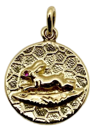1990s 14k Gold Victorian Inspired Running Rabbit Pendant-Charm With Ruby Eye