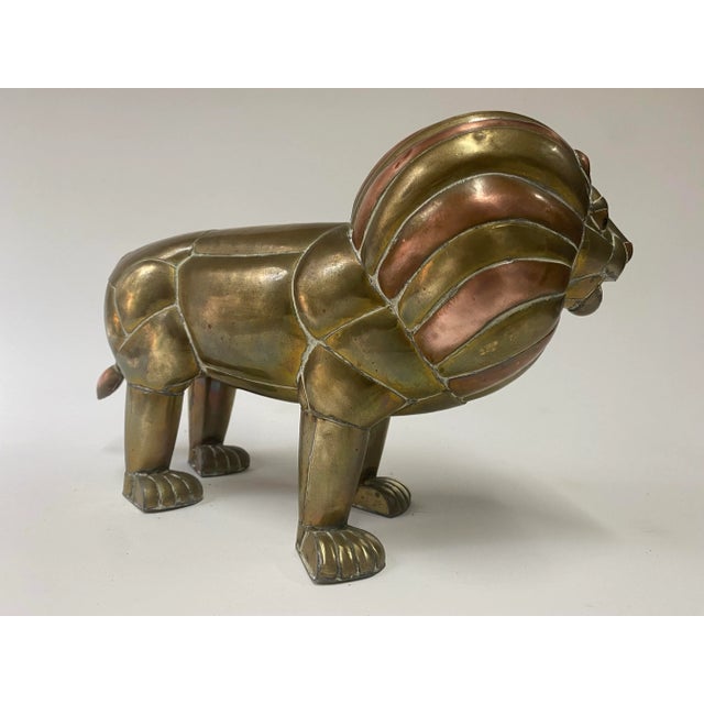 Mexican Brass and Copper Lion Sculpture For Sale - Image 3 of 12