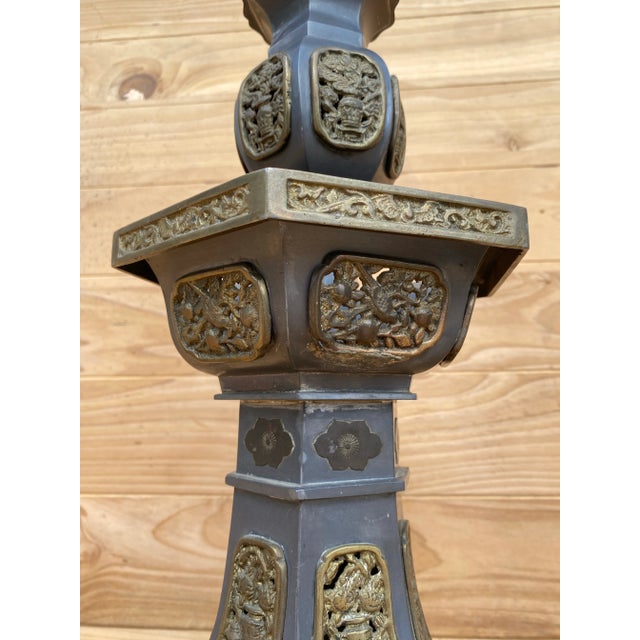 Metal Vintage Pewter and Gilt Chinese Temple Candlesticks - Pair For Sale - Image 7 of 12