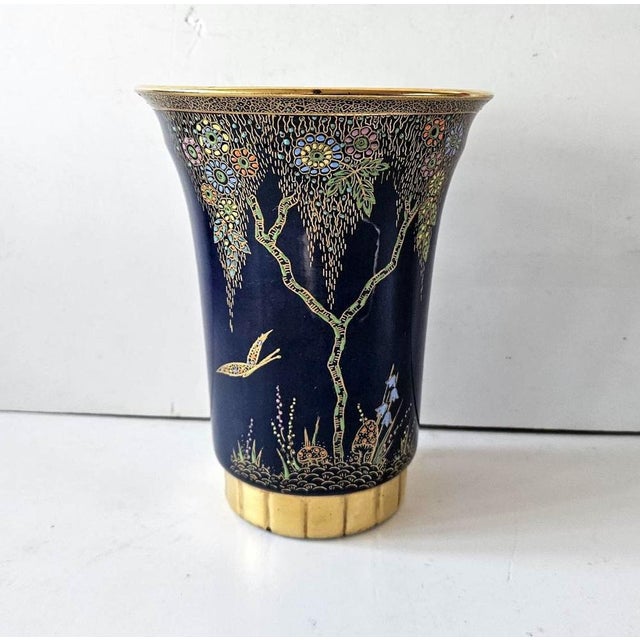 Art Deco Royal Blue Lustre Vase with an Enamel design of a Flowering Tree and Butterfly with Toadstools and Forna to the...