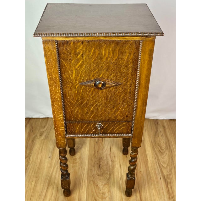 American Antique Tiger Oak Cigar Humidor & Smoking Cabinet With Barley Twist Legs For Sale - Image 3 of 12