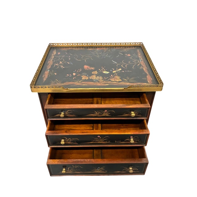 Vintage Theodore Alexander Hand-Painted Chinoiserie Three-Drawer Accent Chest With Brass Gallery For Sale - Image 9 of 12