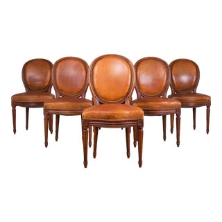 Antique French Louis XVI Maple Dining Chairs W/ Original Brown Leather - Set of 6 For Sale