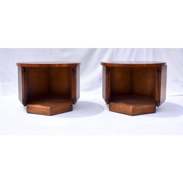 Pair of Mid-Century Modern Hexagonal end side table cabinets by Lane Furniture featuring gorgeous book matched tops with...
