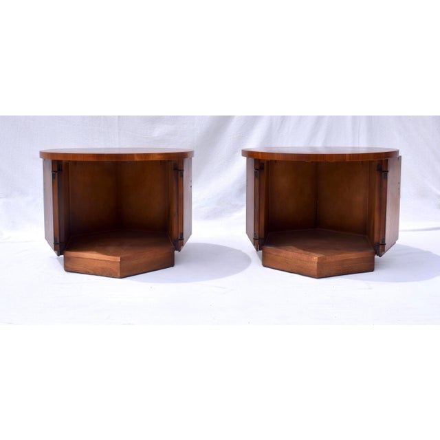Pair of Mid-Century Modern Hexagonal end side table cabinets by Lane Furniture featuring gorgeous book matched tops with...