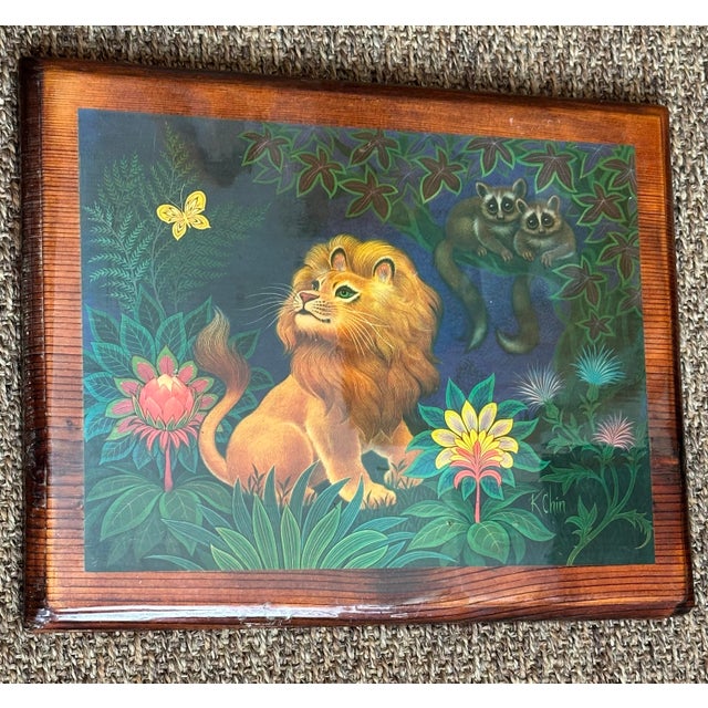 Vintage handmade K. Chin laquared wood wall plaque with the artwork "The Lion" (also known as Forest Fantasy or Enchanted...