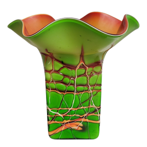 Vintage Azerbaijani Handblown Art Glass Vase With Ruffled Rim and Threaded Overlay