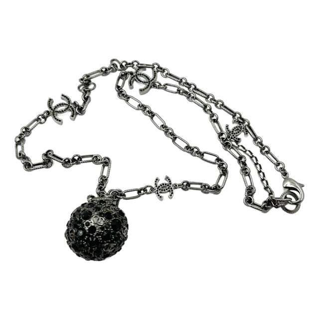 Chanel Gunmetal CC Black Crystal Ball Pendant Necklace For Sale