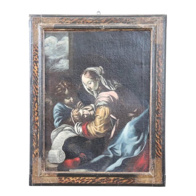 Madonna with Child and Angel, 17th Century, Oil Painting on Canvas, Framed For Sale