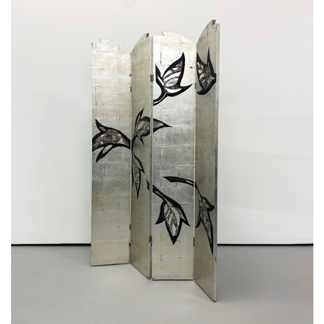 Mid-Century Modern Vintage Midcentury Silver Leaf Botanical Folding Screen With Mirrored Inlays For Sale - Image 3 of 7