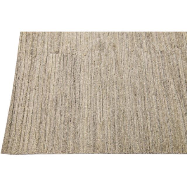 Contemporary Texture Natural Beige Handmade Wool & Viscose Rug For Sale - Image 4 of 7
