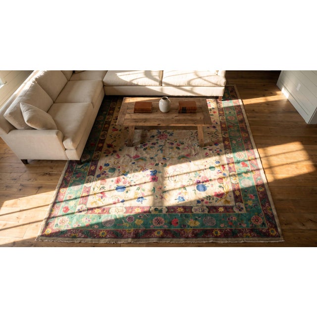 1920s Ivory Green Floral Modern Antique Chinese Art Deco Rug 9'2" X 11'7" Handknotted Wool Carpet For Sale - Image 17 of 18