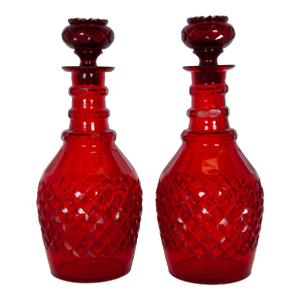 1880 Antique Austrian Bohemian Red Cut Glass Wine Liquor Decanters & Stoppers- Set of 2