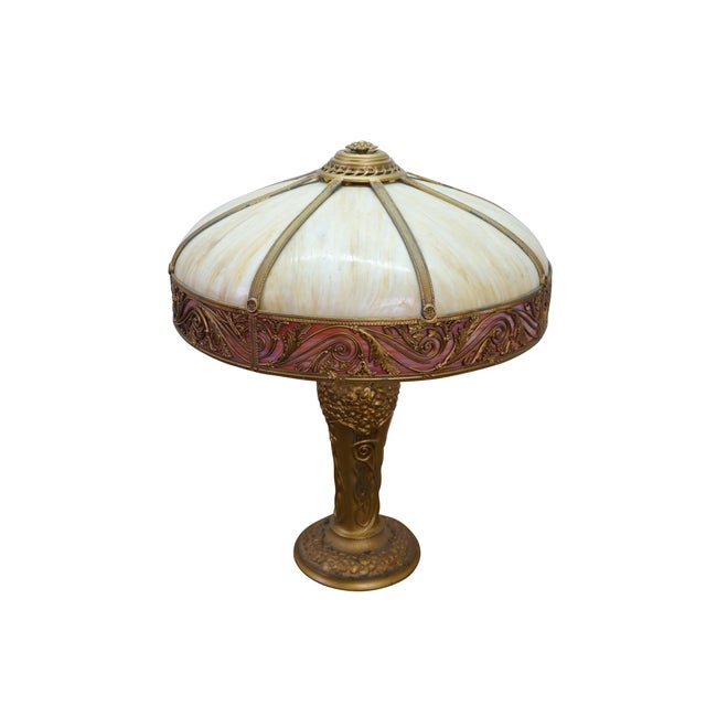 Victorian Antique Charles Parker Art Nouveau Two Light Slag Glass Table Lamp 25" For Sale - Image 3 of 18