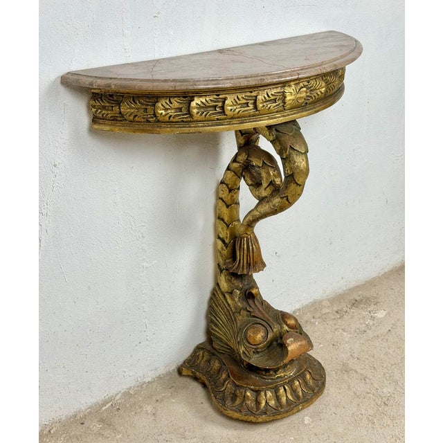 Italian Giltwood Demi-Lune Table with Marble Top, 1950 For Sale - Image 4 of 9