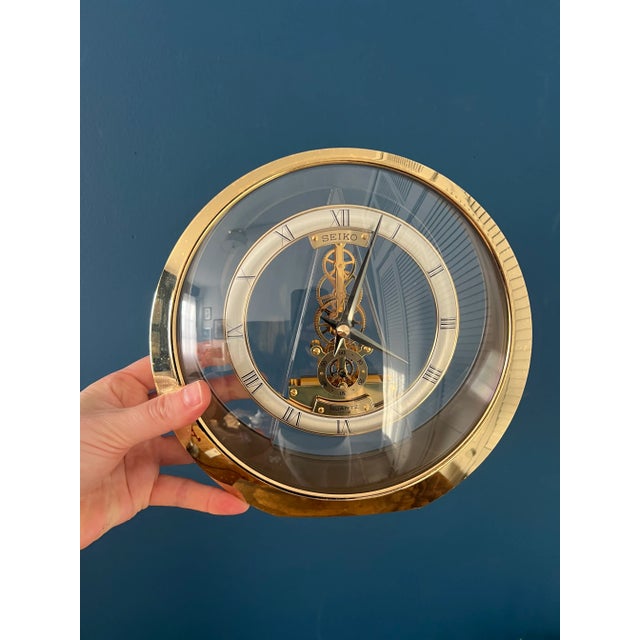 Transparent 1990s Brass & Glass Seiko Skeleton Clock For Sale - Image 8 of 12