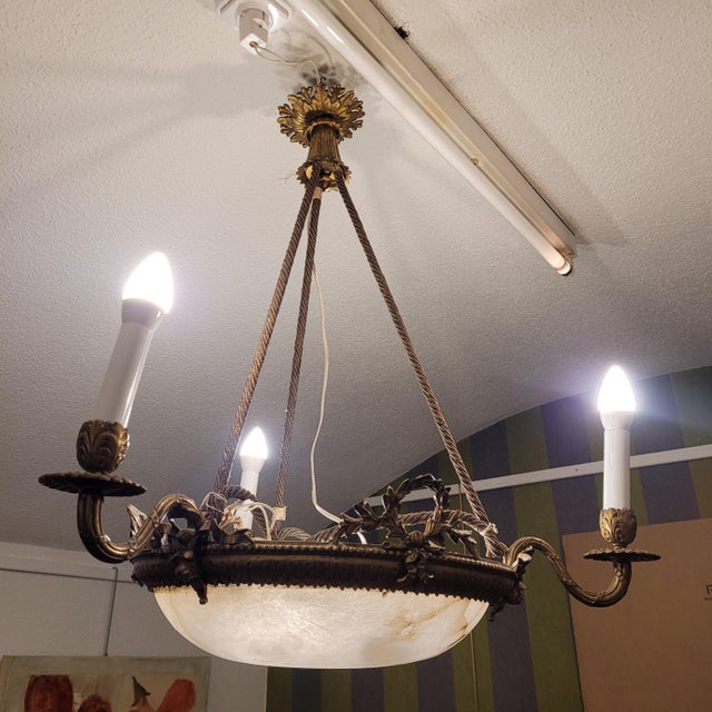Metal Early 20th Century Art Nouveau Ceiling Lam in Alabaster and Gilt Bronze, France, 1930s For Sale - Image 7 of 18