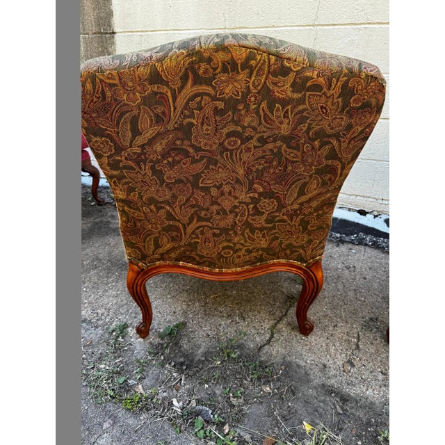 French Provincial Pair of Upholstered Walnut French Provincial Style Bergeres For Sale - Image 3 of 7