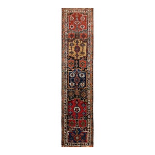 1875s Navy Geometric Antique E. Anatolian Kurdish Runner Carpet 3' 6" X 12' 9" Knotted Wool Rug For Sale