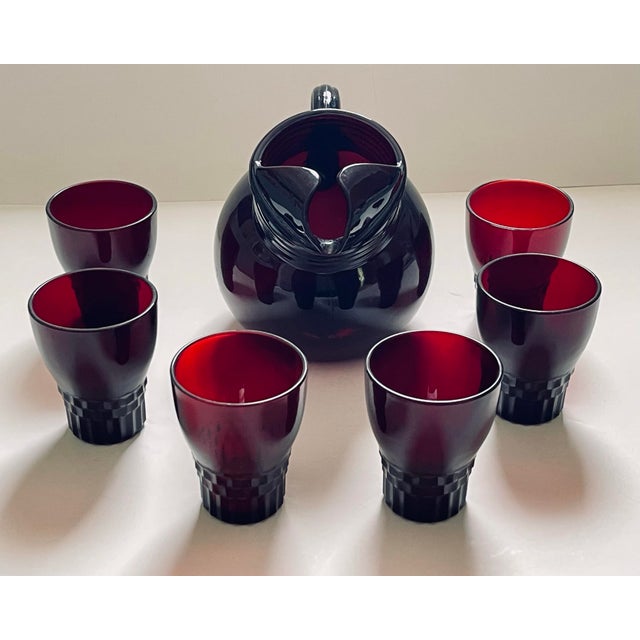 Red 1940s Anchor Hocking “Royal Ruby” Pitcher & Juice Glasses - 7 Pieces For Sale - Image 8 of 12