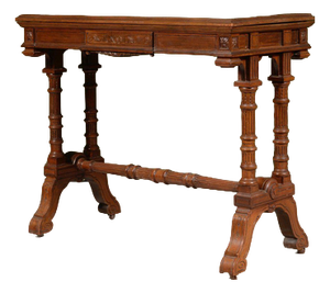 Aesthetic Movement Architectural Figured Mahogany Console / Card Table from William Walker & Sons, London, 1870s