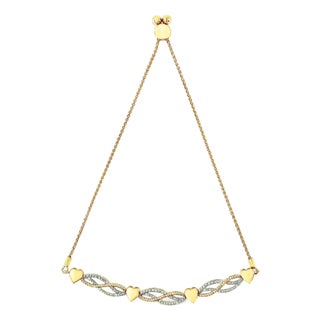 14K Yellow Gold Plated .925 Sterling Silver 1/10 Cttw Diamond Wave and Hearts Bolo Bracelet (I-J Color, I2-I3 Clarity) - 4"-10" Adjustable For Sale