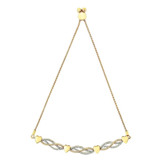 14K Yellow Gold Plated .925 Sterling Silver 1/10 Cttw Diamond Wave and Hearts Bolo Bracelet (I-J Color, I2-I3 Clarity) - 4"-10" Adjustable For Sale