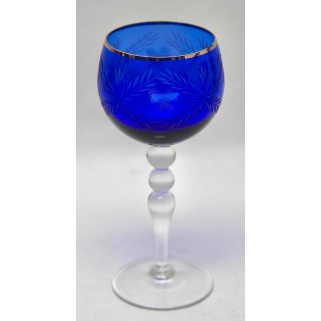 Crystal Stem Glasses in Cobalt Overlay with Tray, 1935, Set of 5 For Sale - Image 4 of 12