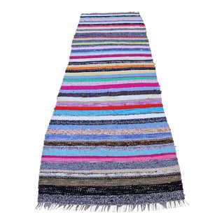 1990s Colorful Modern Striped Hand Knotted Kilim Runner Rug For Sale