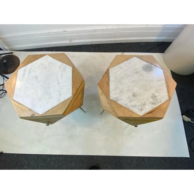 Early 21st Century Modern Italian Multi Faceted Hexagonal Wood & Marble Tripod Tables - A Pair For Sale - Image 4 of 10