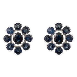 A Pair of Modernist 925 Sterling Silver Blue Sapphire Cluster Stud Earrings- Partywear Earrings For Sale